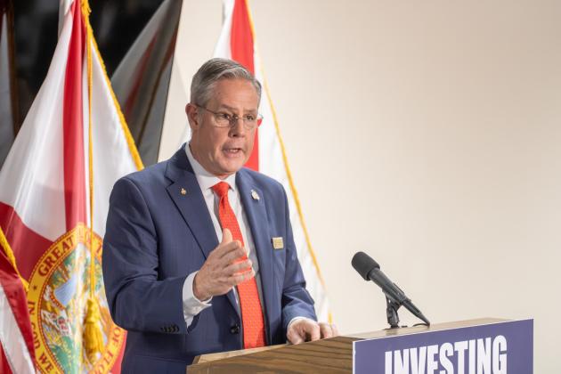 Nassau County Commissioner A.M. ‘Hupp’ Huppmann speaks at a press conference Thursday at the James S. Page Governmental Complex.