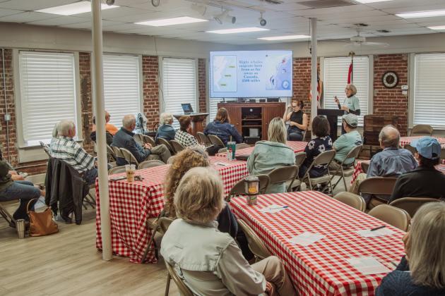 Theresa Hartz, member of the Amelia Island Whale Ambassadors, speaks during the Brown Bag Lunch held Wednesday at the Amelia Island Museum of History. Photo by Ashley Chandler/News-Leader