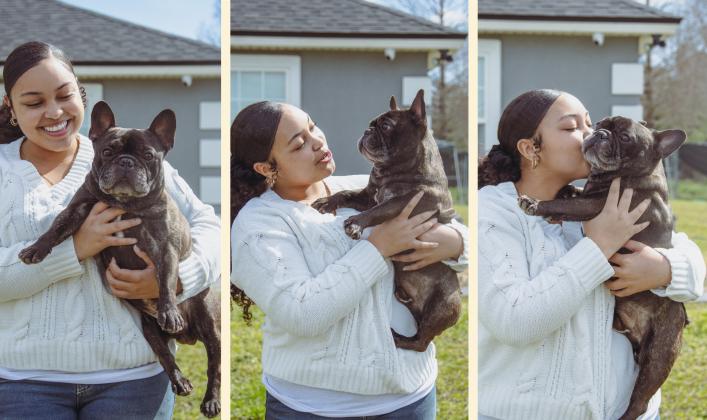 Christine Roldan and Hero the French bulldog at their home in Callahan. Photo by Ashley Chandler/News-Leader