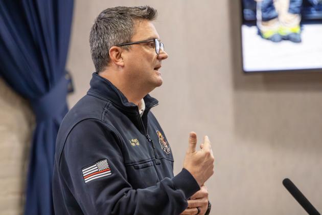 Fernandina Beach Fire Department Chief Jeremy Holmes, who took over in May 2025, provides a rundown of the agency’s statistics. Photo by Nick Blank/News-Leader