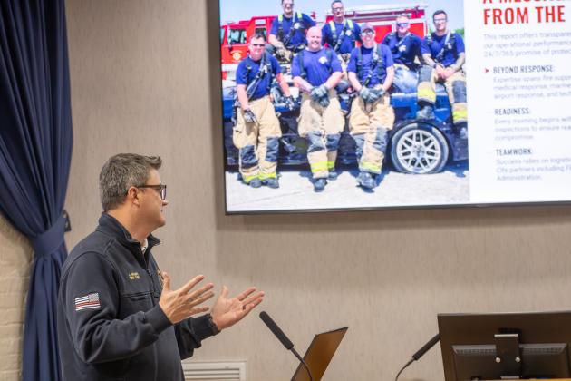 Fernandina Beach Fire Department Chief Jeremy Holmes, who took over in May 2025, provides a rundown of the agency’s statistics. Photo by Nick Blank/News-Leader
