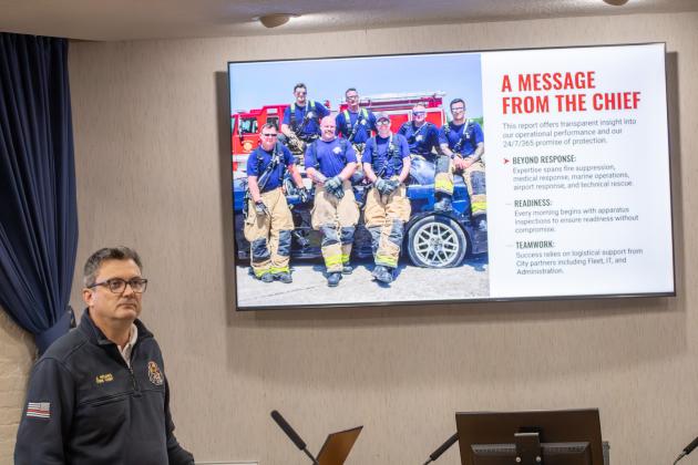 Fernandina Beach Fire Department Chief Jeremy Holmes, who took over in May 2025, provides a rundown of the agency’s statistics. Photo by Nick Blank/News-Leader