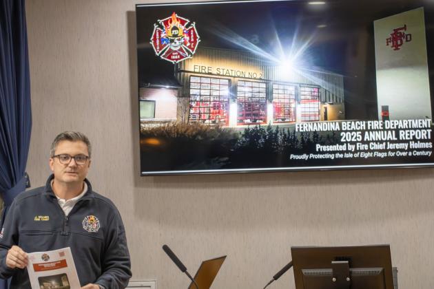 Fernandina Beach Fire Department Chief Jeremy Holmes, who took over in May 2025, provides a rundown of the agency’s statistics. Photo by Nick Blank/News-Leader