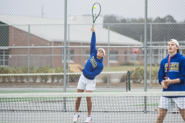 Fernandina Beach’s No. 1 and 2 boys tennis players, Jacob Kovalcik and Peter Colwell, in a doubles match at Yulee High School.