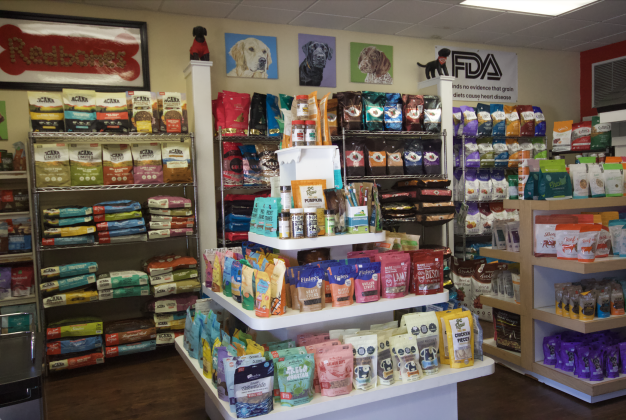 Dog food and supplies offered at Redbones Dog Bakery.