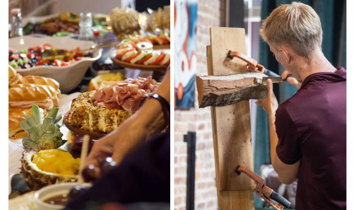 Left, the Right Whale Baby Shower included catered food. Right, Jett Paxton carves ocean themed wood sculptures during the Right Whale Baby Shower. Photos by Marisa DeMar/News-Leader