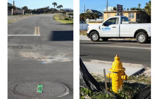 Left: A manhole, put in as part of the American Beach Water and Sewer District Project, is shown in December 2024 in American Beach. Right: A fire-hydrant is pictured Monday in front of a U.S. Water Services Corporation pickup in American Beach. U.S. Water Service Corporation was contracted for the construction of the American Beach Water and Sewer Project. Photos by Ashley Chandler/News-Leader