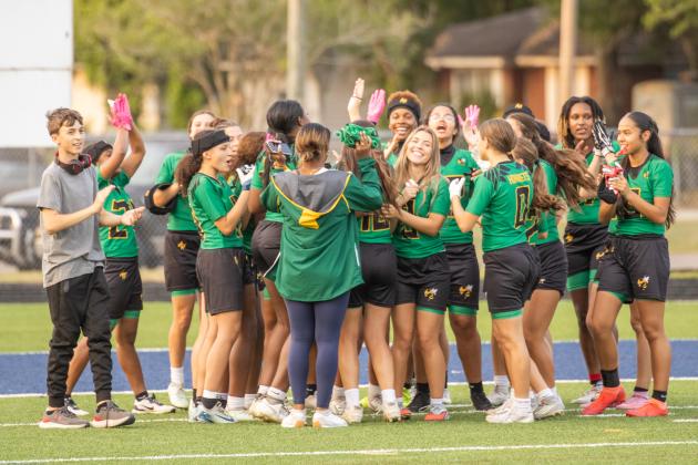 The Hornets flag football team celebrates after beating Ribault in the semifinals of the district tournament. Photo by Nick Blank/News-Leader
