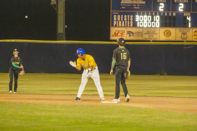 Trace Farmer celebrates on second base following an RBI double for Fernandina Beach High School in a game Friday against Fleming Island. Photo by Ashley Chandler/News-Leader