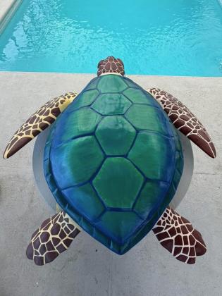 Tina McDaniel makes progress on the 5-foot long sea turtle known as Scout.