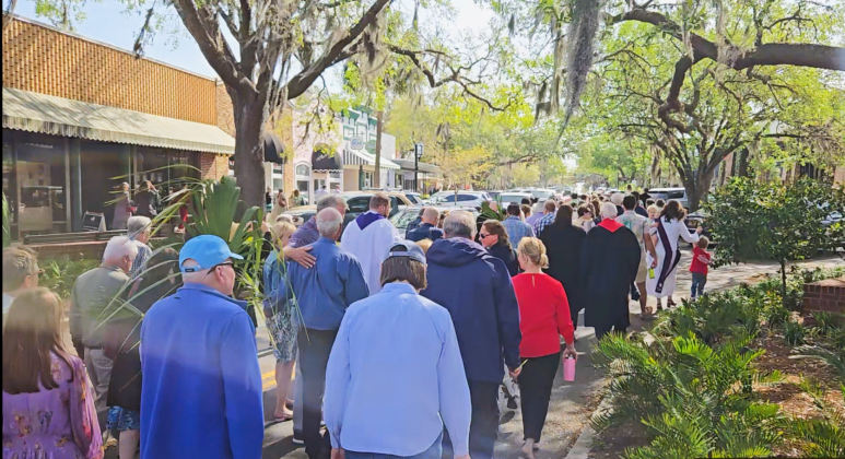 On Palm Sunday, congregations from St. Peter’s Episcopal, First Presbyterian, Memorial United Methodist, Trinity United Methodist and clergy from Community Hospice walked in the annual Ecumenical Palm Processional down Centre Street. Submitted