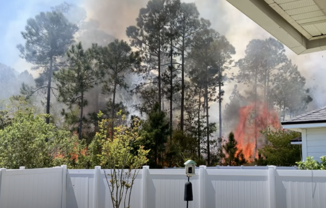 Resident captures flames coming from the wooded area behind homes in Harbor Concourse. Submitted photo