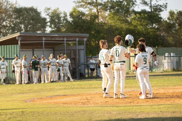 The Hornets celebrate following a three-run homerun by Daylon Adams in Tuesday’s 10-3 district tournament quarterfinal win over Terry Parker.