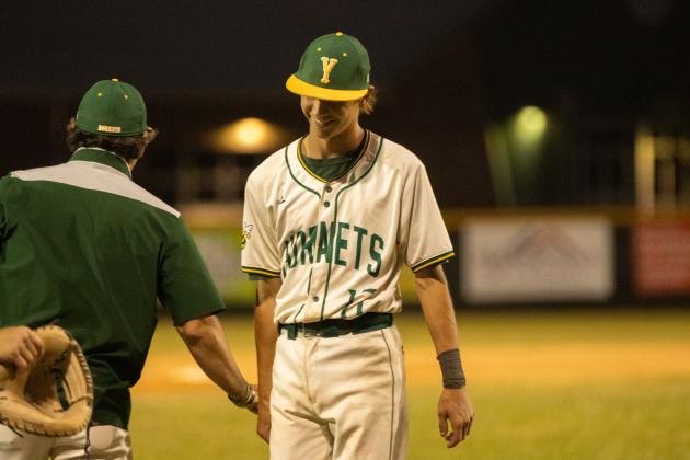 The Hornets celebrate following a three-run homerun by Daylon Adams in Tuesday’s 10-3 district tournament quarterfinal win over Terry Parker.