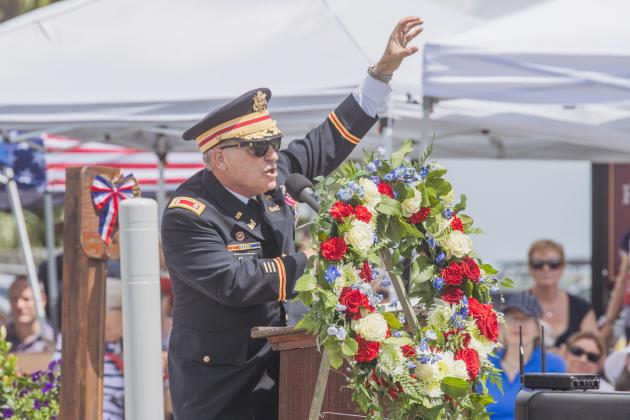 Retired Army Lt. Col. Montieth Stewart speaks to hundreds gathered on Centre Street for Memorial Day on Monday. Nick Blank/News-Leader
