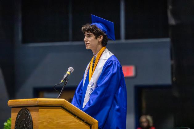 Dominic Cortes delivers his Salutatorian speech during Fernandina Beach High School’s graduation on Monday at University of North Florida Arena in Jacksonville. Photo By Nick Blank/News-Leader