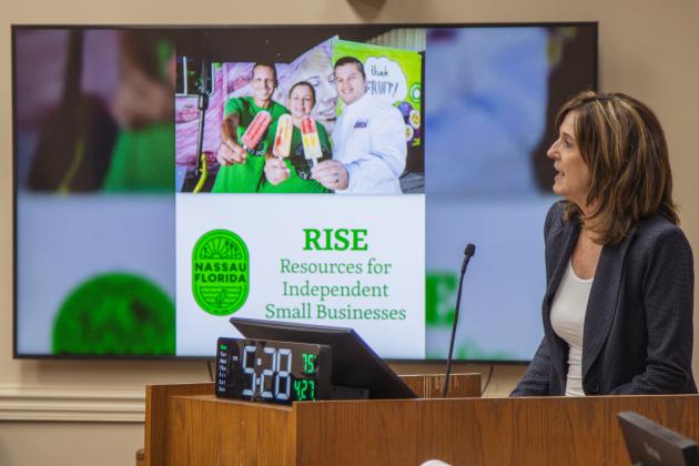 Kathy Freyman, Nassau County economic resources manager, speak April 27 about the Nassau County RISE program, put in place to benefit small local businesses upon startup. Photo by Ashley Chandler/News-Leader 