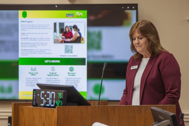Jodi Henson, SBDC consultant for Nassau County, speak April 27 about the Nassau County RISE program, put in place to benefit small local businesses upon startup. Photo by Ashley Chandler/News-Leader