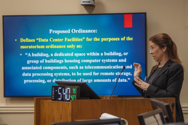 Nassau County Attorney Denise May speaks Monday on the potential moratorium BOCC will vote on in the coming months. Photo by Ashley Chandler/News-Leader