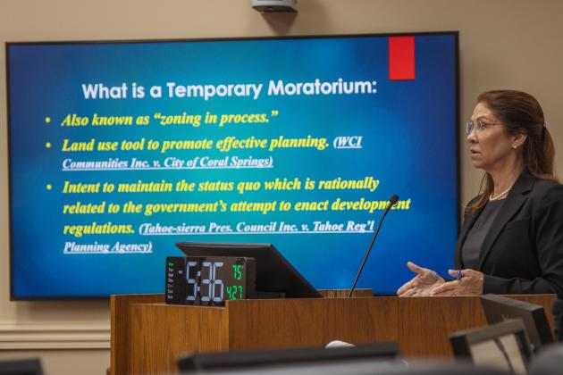 Nassau County Attorney Denise May speaks Monday on the potential moratorium BOCC will vote on in the coming months. Photo by Ashley Chandler/News-Leader