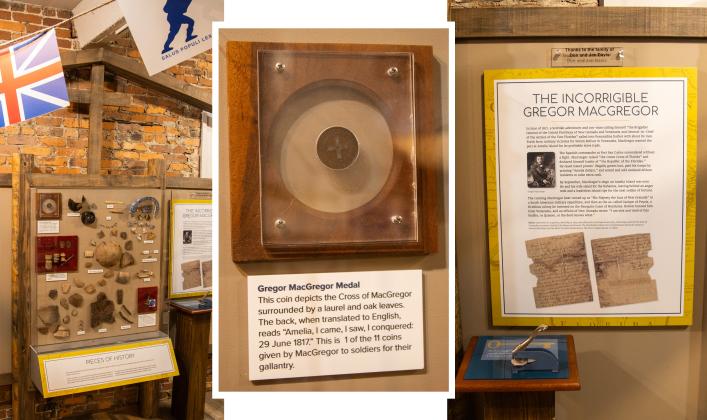 One of the 11 MacGregor Medallions is on display at the Amelia Island History Museum. It is currently on display in the “Pieces of History” display at the museum, beside a wall panel dedicated to the “The incorrigible Gregor MacGregor.” Photos by Ashley Chandler/News-Leader