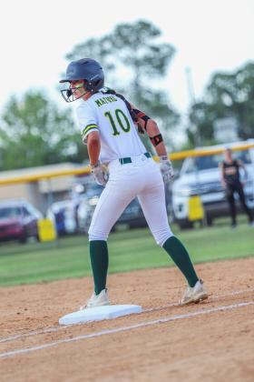 Sophomore Kyli Mathis on first base for the Hornets on Wednesday. Photo by Amanda Bishop/Nassau County Record