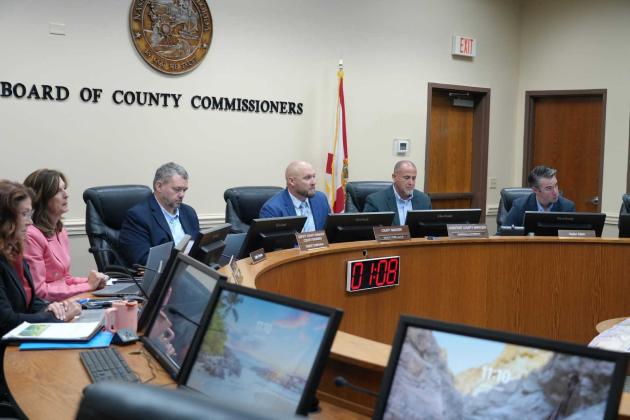 The Fact Finding Committee meets Monday at the James S. Page Governmental Complex. From left, County Attorney Denise May; Economic Resources Manager Kathy Freyman; Deputy County Manager Robert Companion; County Manager Taco Pope; Assistant County Manager Marshall Eyerman; and Conservation Land Manager Taylor Clem.  Photo courtesy of Nassau County, Fl.
