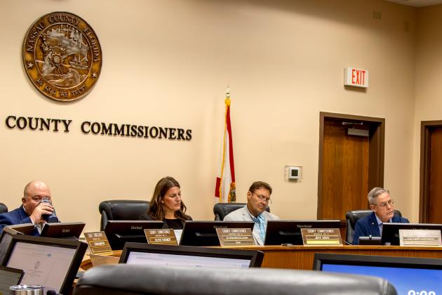 The Board of County Commissioners meets Wednesday at the James S. Page Governmental Complex. From left, are commissioners Klynt Farmer, Alyson McCullough, Jeff Gray and A.M. "Hupp" Huppmann. Commissioner John Martin was not in attendance at Wednesday's meeting. Photo by Ashley Chandler/News-Leader
