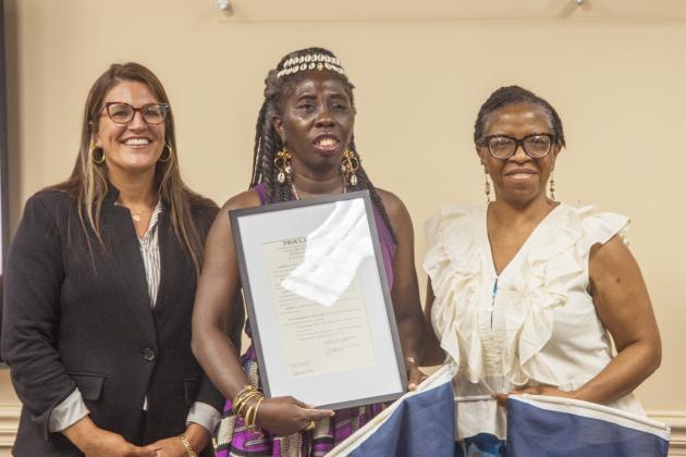 Commissioner Alyson McCullough, left, presented a proclamation designating this week as Gullah/Geechee Appreciation Week in Nassau County to Chieftess of the Gullah/Geechee Nation Queen Quet, middle, and Yulee resident and local representative of the nation Glenda Simmons-Jenkins. Photo by Ashley Chandler/News-Leader