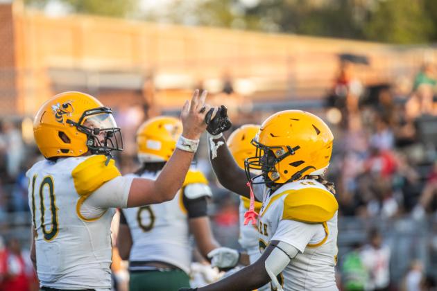 Yulee High School Quarterback Liam Hice-Jones celebrates with Duke Johnson after touchdown. Photo by Nick Blank/News-Leader