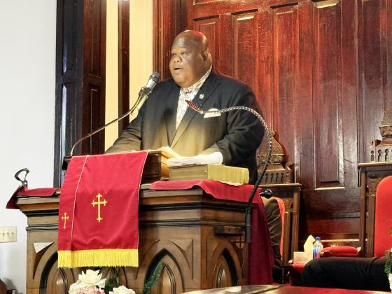 First Missionary Baptist Rev. Dr. Darien K. Bolden Sr. led a gathering Tuesday at the church to discuss an incident that occurred at an FBHS volleyball game last week involving a Black baby doll. Photo by Nick Blank/News-Leader