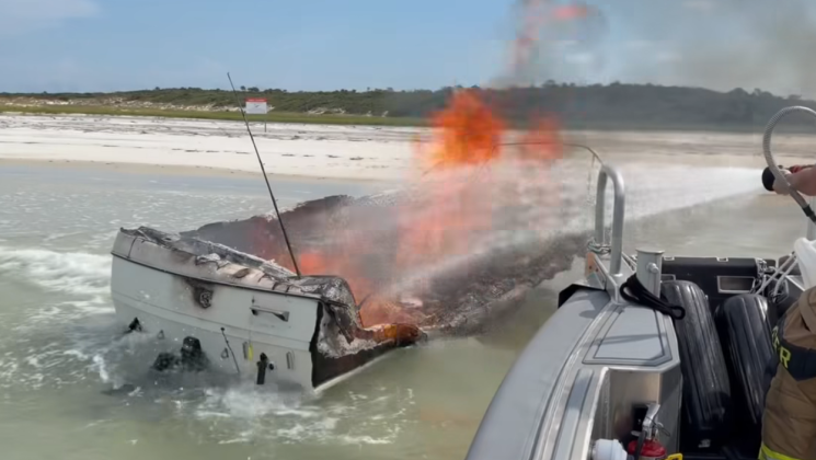 The Nassau County Sheriff’s Office’s Marine Unit responded to a boat fire Sunday near Talbot Island in Jacksonville with no injuries. Image from NSCO