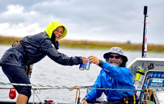 Dawn Smith and Paul Lore cheers as they arrive in Burnham-on-Crouch, England, after 48 days at sea and over 2,000 nautical miles traveled. Submitted