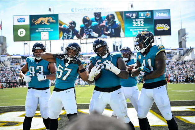 Jacksonville Jaguars celebrate during the Jaguars vs. Patriots game Sunday. Photos courtesy of the Jacksonville Jaguars