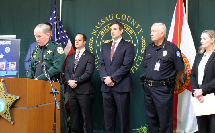 Nassau County Sheriff Bill Leeper was joined by Jeff Watson, FDLE; Sherri Onks, Special Agent in Charge, FBI Jacksonville; Nick Auletta, NCIS; Chris Huband, Deputy Director State Attorney; and Fernandina Beach Police Chief James Hurley to announce the results of Operation Keystroke. Julia Roberts/News-Leader