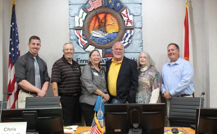 City Commission candidates that participated in a forum hosted by the Fernandina Beach Golf Course Advisory Board included, from left, James Antun, Mike Lednovich, Genece Minshew, Chris Nickoloff, Staci McMonagle and Darron Ayscue. Photo by Julia Roberts/News-Leader.