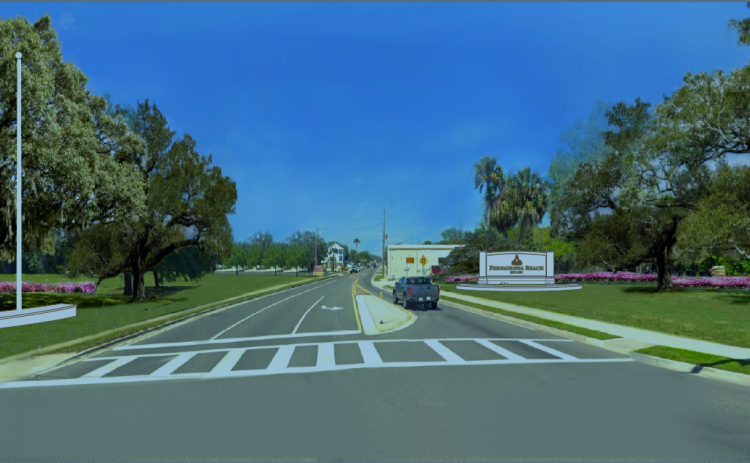 The intersection of 8th and Lime streets, which welcomes locals and visitors to Fernandina Beach, will change dramatically in the coming months, while the familiar blue sign will remain. Courtesy Fernandina Beach Main Street