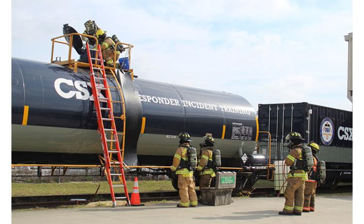 Firefighters trained with Nassau County Emergency Management for four days, ending with hands-on incident training provided by CSX. Photo by Julia Roberts