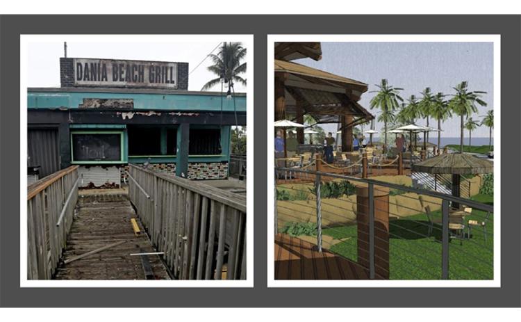 Photo courtesy Walter Duke, Walter Duke + Partners The waterfront of Dania Beach, left, was in poor condition before Mayor Walter Duke was inspired to revitalize the area after seeing a sign about redevelopment of the Amelia River waterfront in Fernandina Beach. Plans for Lucky Fish restaurant, right, are part of the project.
