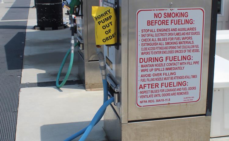 The closure of fuel pumps, both for unleaded and diesel fuel, has cost the Fernandina Harbor Marina, and in turn the City of Fernandina Beach, hundreds of thousands of dollars this year. Repairs are underway, and it is hoped the pumps will be operating this week. Photo by Julia Roberts