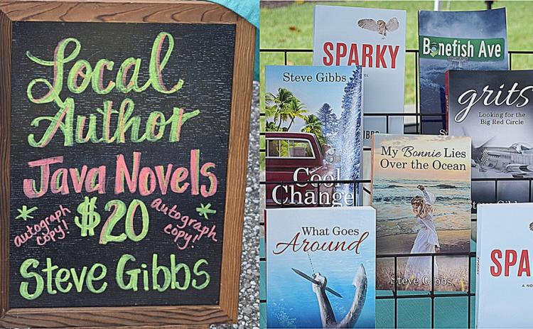 Jen Booth McPhee of Regina Maris Studio, books by author of the Java series, Steve Gibbs, and cute refrigerator magnets that house air plants made by farmers market vendor Sea Shore Terrariums. Photo by Judie Mackie