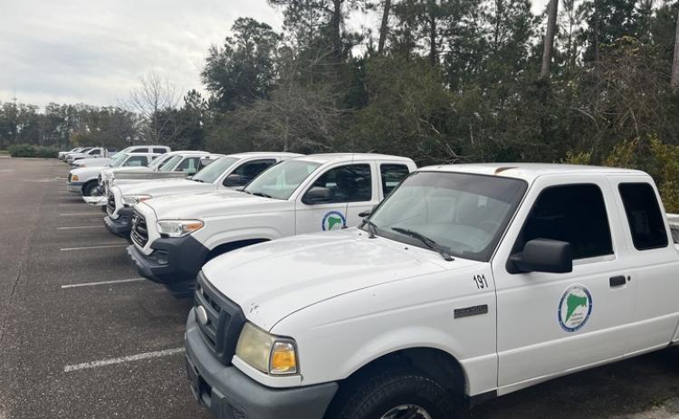A long line of Nassau County fleet vehicles parked at the James S. Page Governmental Complex. In 2021, the county used 527,271 gallons of diesel or gasoline. Photo by Sean Mathew Rosenthal
