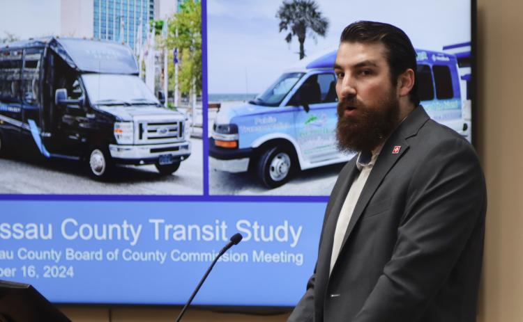 Director of Planning and Sustainability for Jacksonville Transportation Authority, Alexander Traversa, gives a presentation on the Nassau County Transit Study 2024 Update on Oct. 16 at the Board of County Commissioners meeting. Photo by Ashley Chandler/News-Leader