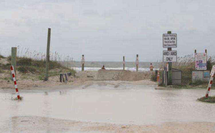The beach access at Seaside Park, at the intersection of South Fletcher Avenue and Sadler Road, was closed to traffic, and a dune erected to protect from storm surge. Julia Roberts/News-Leader
