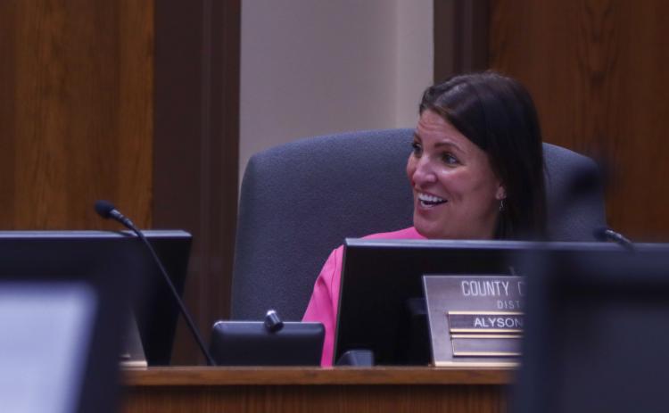 Commissioner Alyson McCullough expresses her excitement about the final two purchases in Phase 1 of the Thomas Creek Implementation Plan on Monday at the Board of County Commissioners meeting. Photo by Ashley Chandler/News-Leader