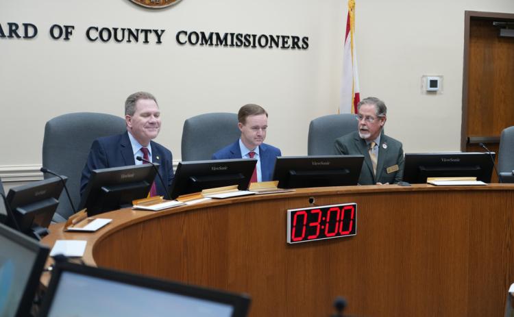 From left, Representative Dean Black, Senator Clay Yarborough and Nassau County Commissioner A.M. “Hupp” Huppmann meet on Nov. 18 in the Commissioners Chambers for the annual Nassau County Legislative Delegation meeting. Submitted photo