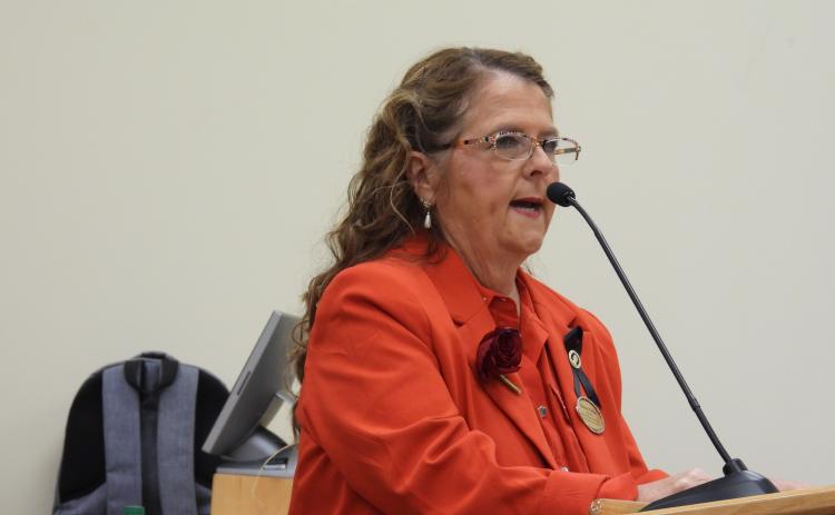 Nassau Educational Support Personnel Association (NESPA) President Marian Phillips addresses the school board about the essential role of support staff and defends their share of millage funding. Photo by Tracy McCormick-Dishman/News-Leader