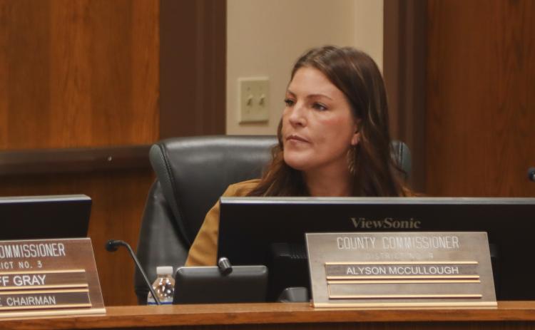 Commissioner Alyson McCullough listens Wednesday to Commissioner John Martin as the two discuss the statement McCullough made Monday that claimed the board showed bias in passing her by for a vice-chair nomination. Photo by Ashley Chandler/News-Leader