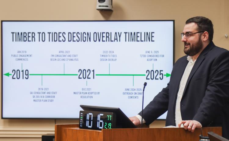 Josh MacBeth presented updates to the BOCC at the Timber to Tides Design Overlay District (T2TDO) Workshop on Feb. 19. Staff said the T2TDO will be up for adoption in June. Photo by Ashley Chandler/News-Leader