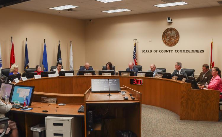 On Tuesday the Board of County Commissioners held a joint session with the Nassau County School District. From left: District board members Kristi Simpkins, Gail Cook, Superintendent Dr. Kathy Burns, County Manager Taco Pope, County Attorney Denise May, County commissioners John Martin, Klynt Farmer, A.M. "Hupp" Huppmann, Jeff Gray and Alyson McCullough. Photo by Ashley Chandler/News-Leader